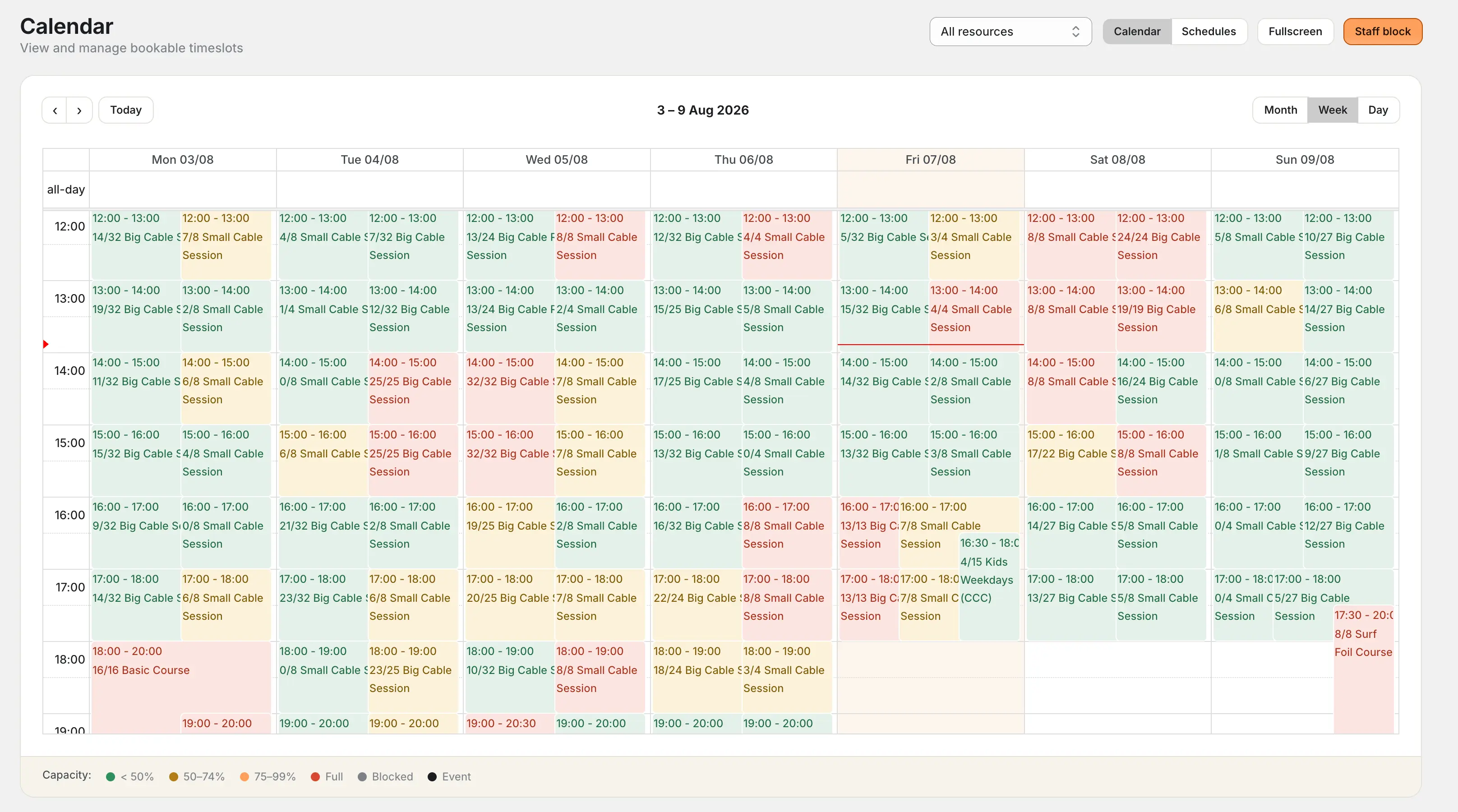 CapFlow Booking calendar view with colour-coded capacity for multiple resources across a week